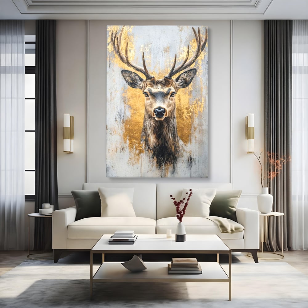 Tablou canvas cu tablou canvas cu cerb si accente aurii, fara rama, pe sasiu de lemn, pe perete intr-un living